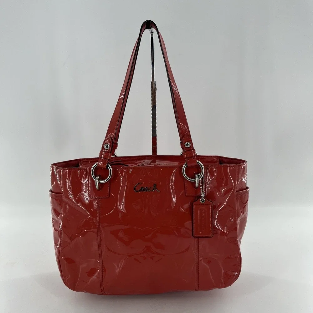 Coach Signature Embossed Patent Leather Coral Orange Satchel Tote Coral Orange